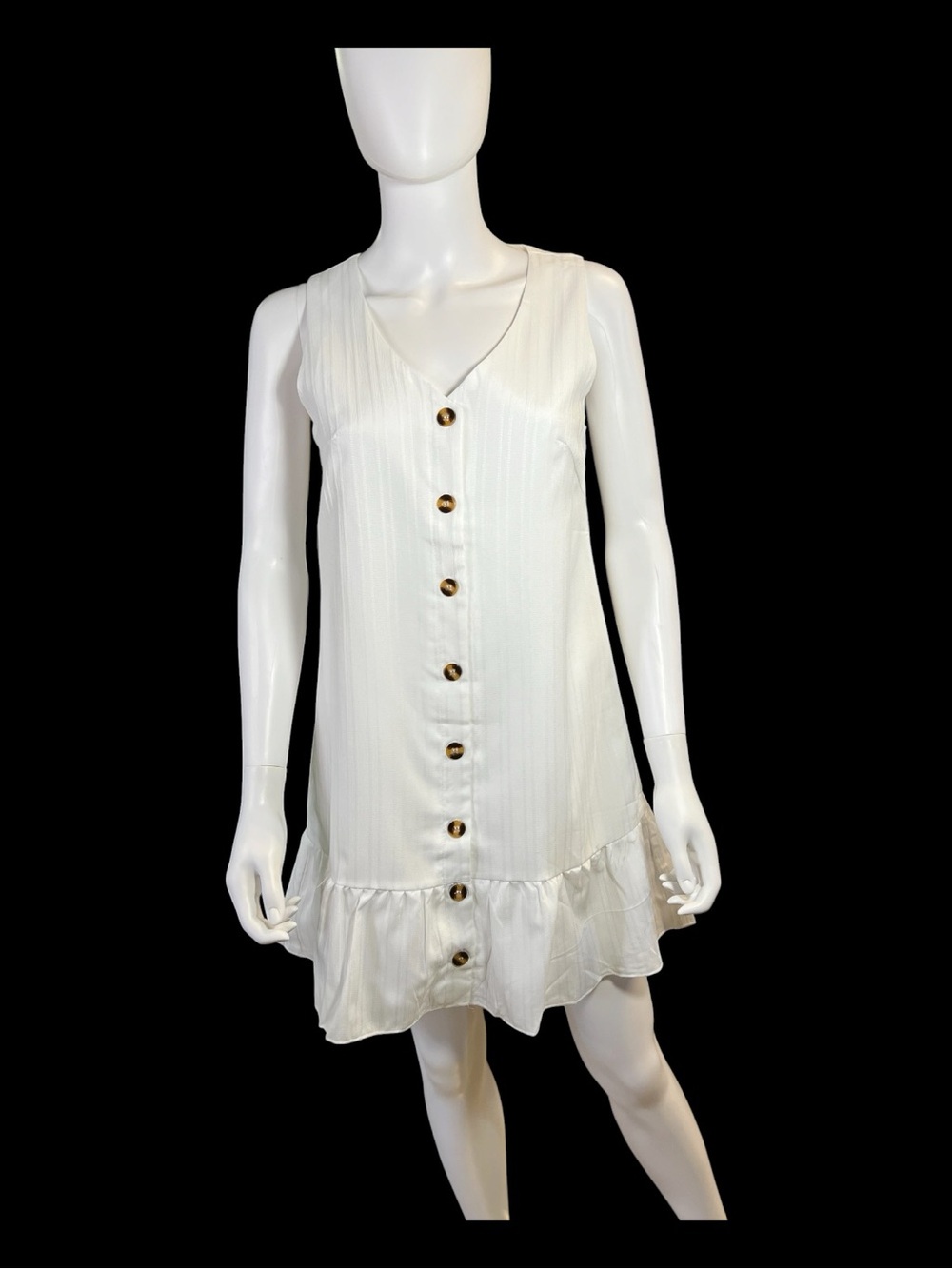 NWOT White Sleeveless V-Neck Button Front Dress Ruffle Hem | Size L